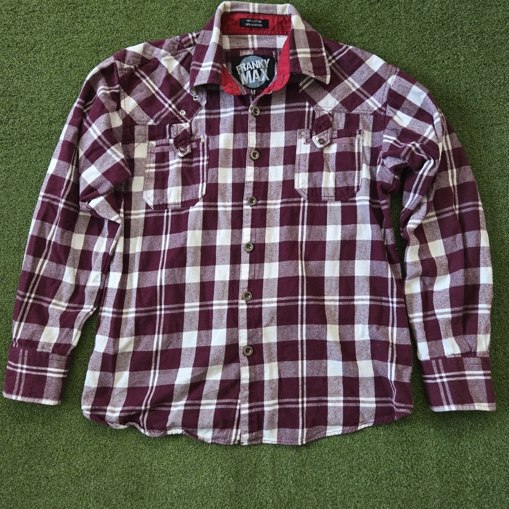 Franky Max Burgundy/white Button Down Flannel  Size M